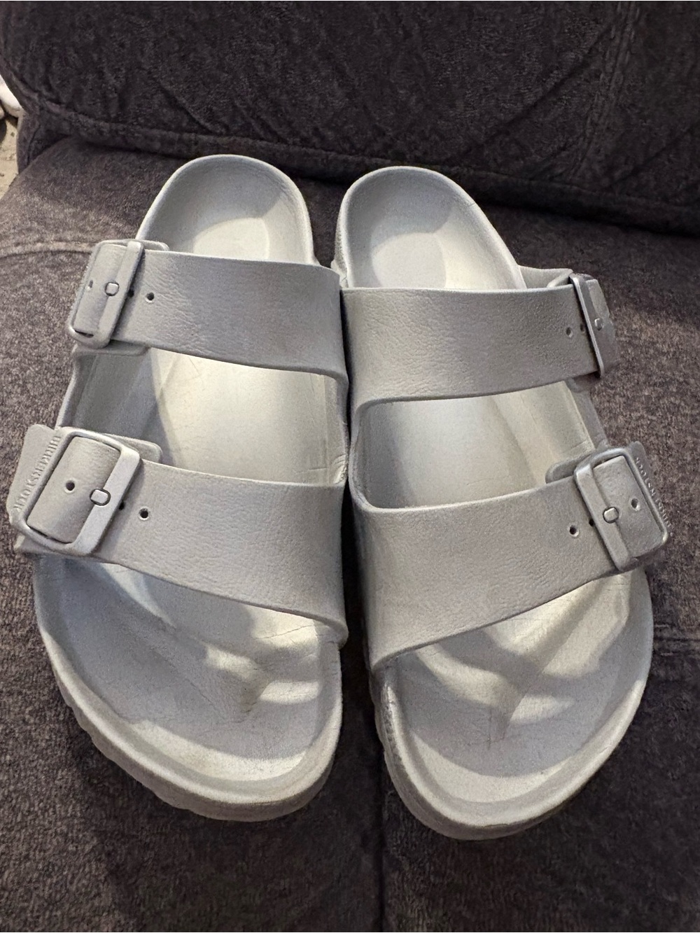 Birkenstock Double-Buckle Slide Sandals in Light Gray
